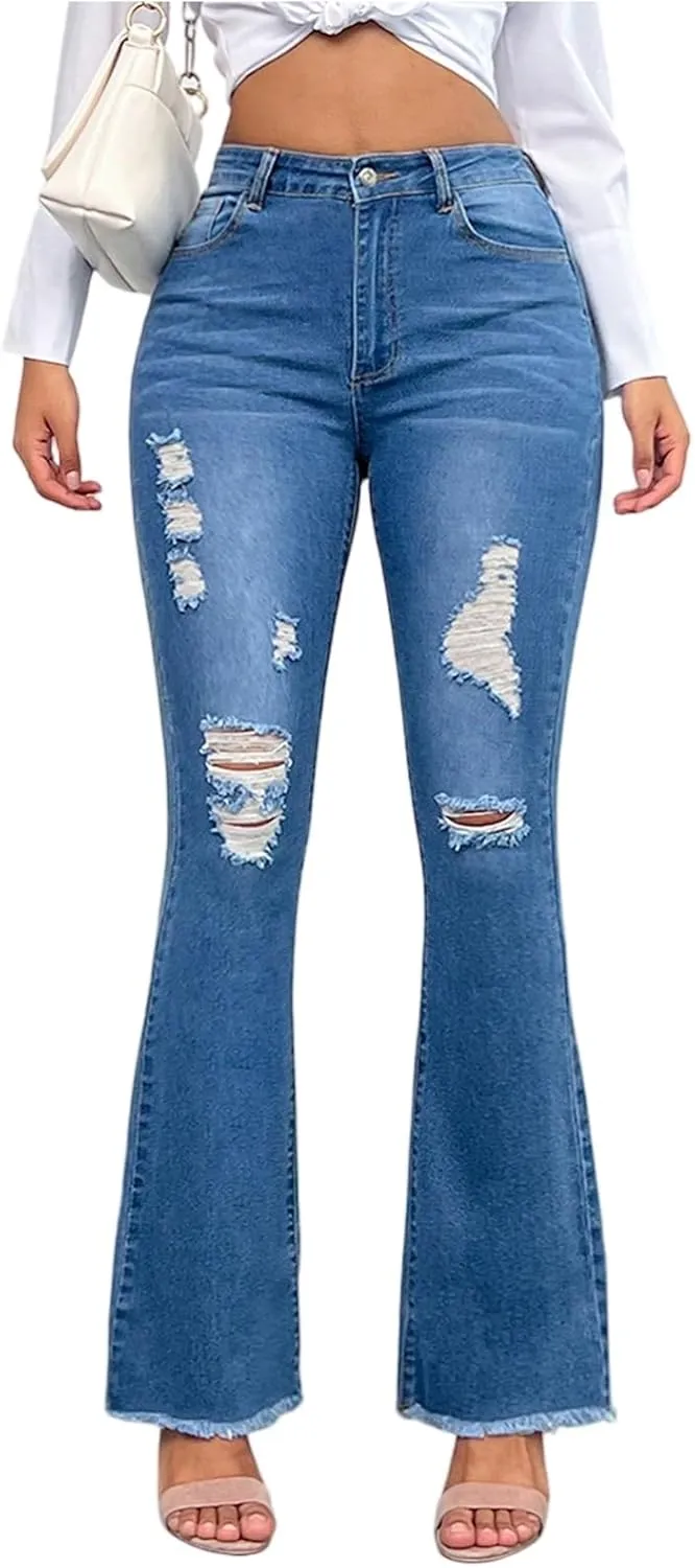 High Waisted Jeans for Women Wide Leg Distressed Hem Denim Pants with Pockets Summer Ripped Tights Boot Cut Comfy Jeans 2025
