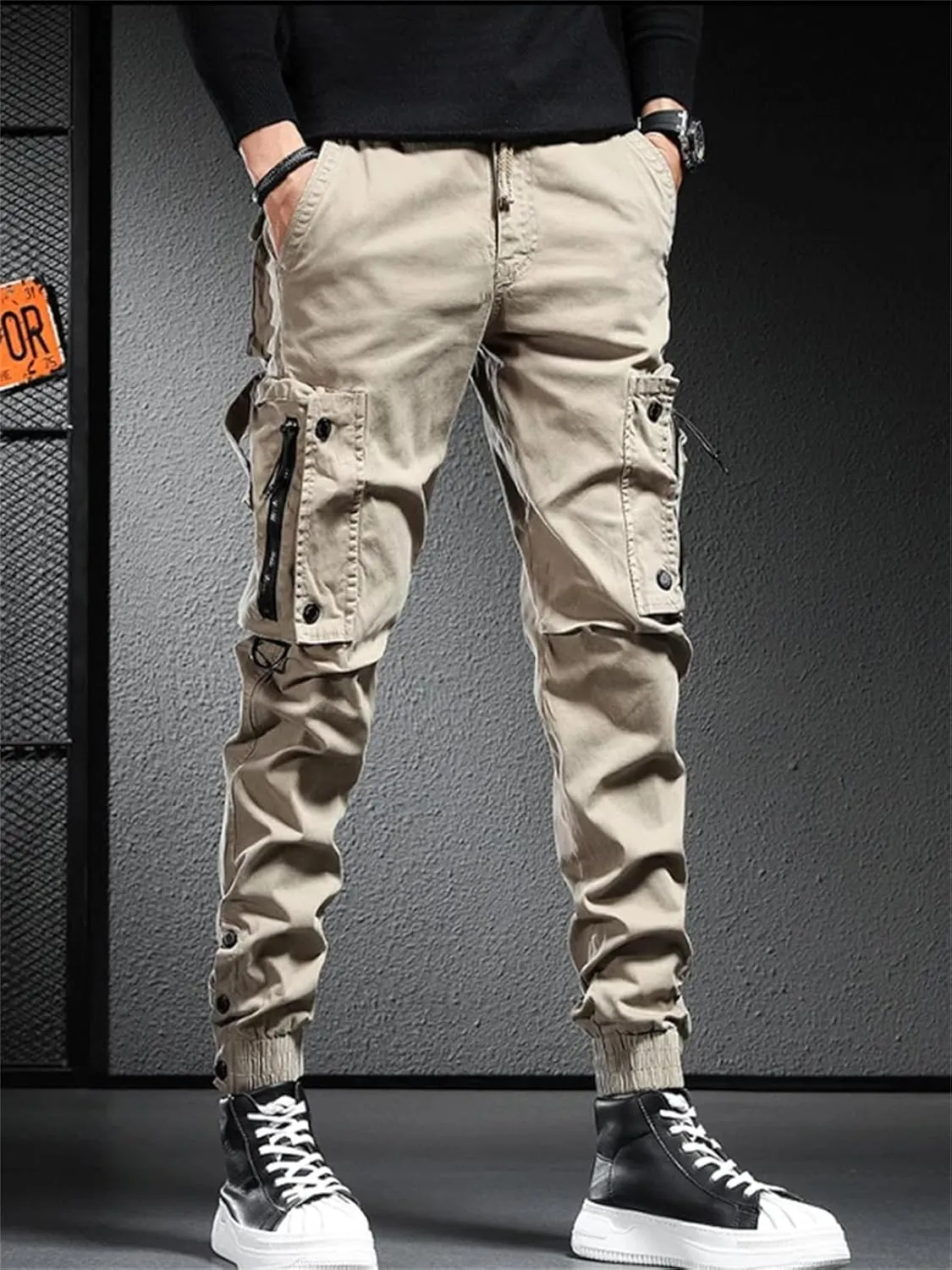 Hndudnff Men's Loose Multi-Pocket Cargo Pants Overalls Casual Straight Military Tactical Joggers Trousers