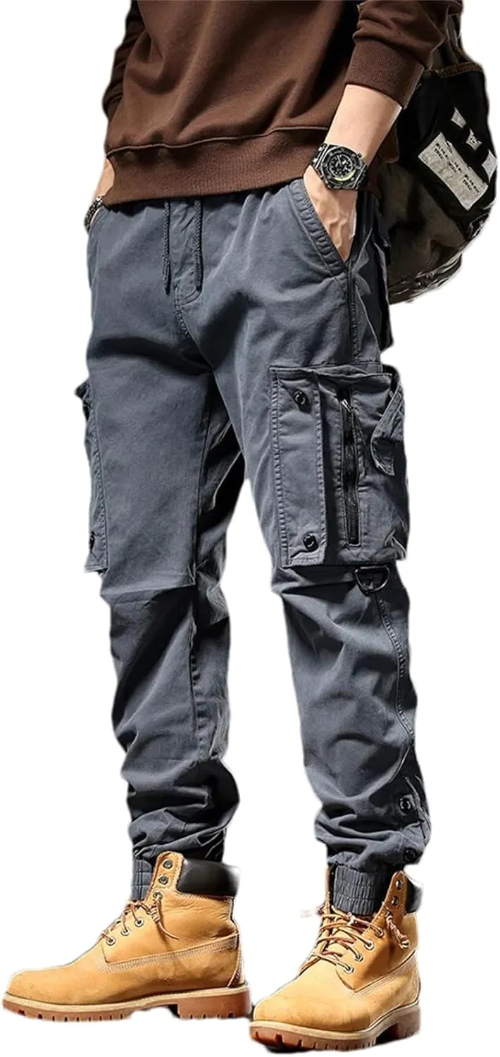 Hndudnff Men's Loose Multi-Pocket Cargo Pants Overalls Casual Straight Military Tactical Joggers Trousers