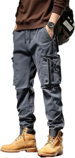 Hndudnff Men's Loose Multi-Pocket Cargo Pants Overalls Casual Straight Military Tactical Joggers Trousers