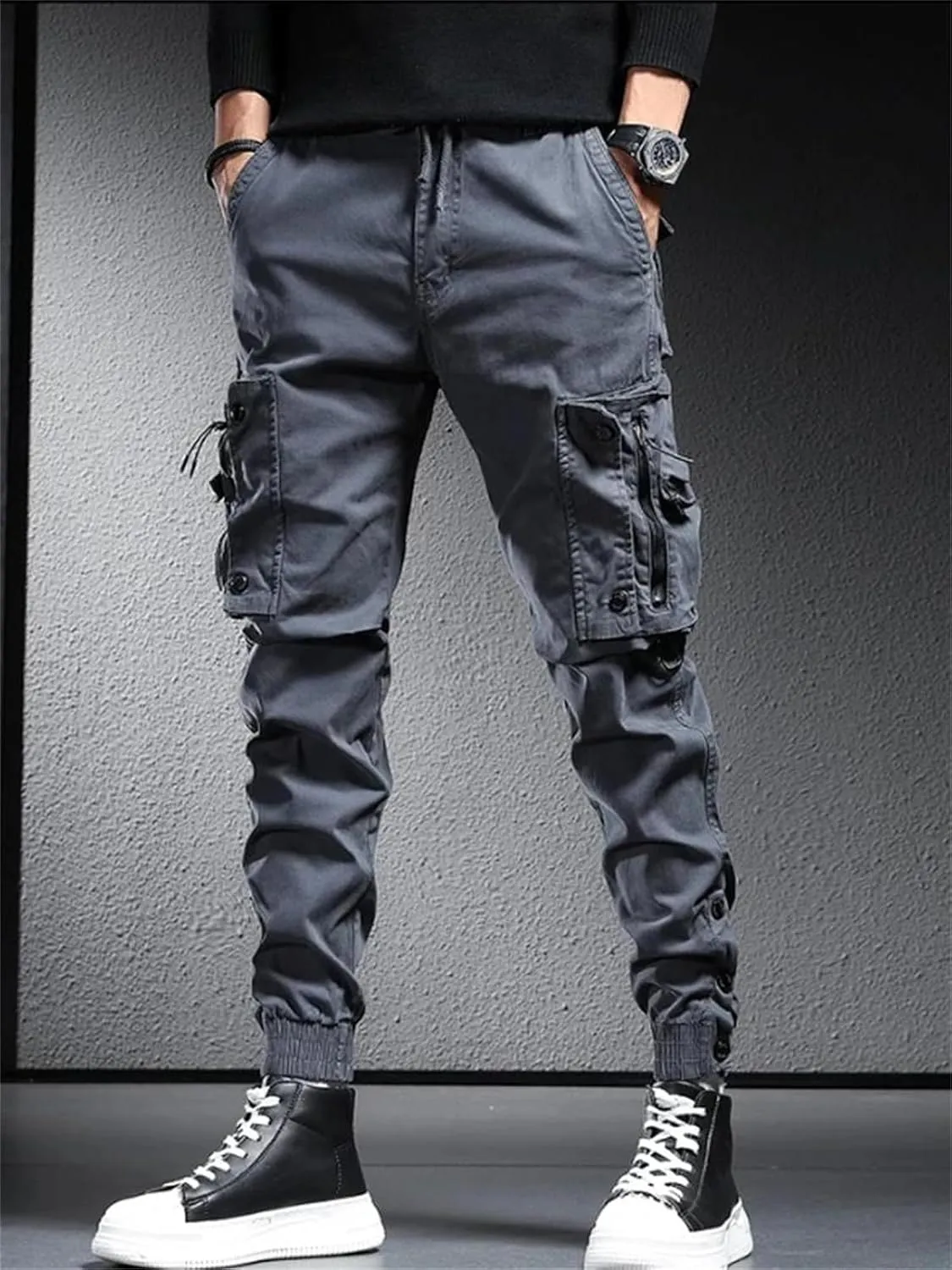 Hndudnff Men's Loose Multi-Pocket Cargo Pants Overalls Casual Straight Military Tactical Joggers Trousers