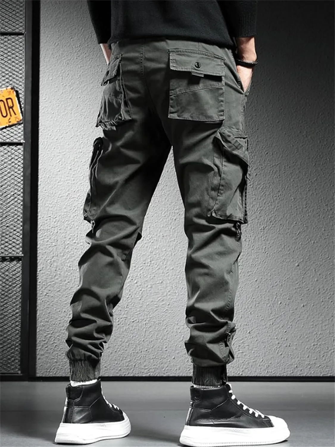 Hndudnff Men's Loose Multi-Pocket Cargo Pants Overalls Casual Straight Military Tactical Joggers Trousers