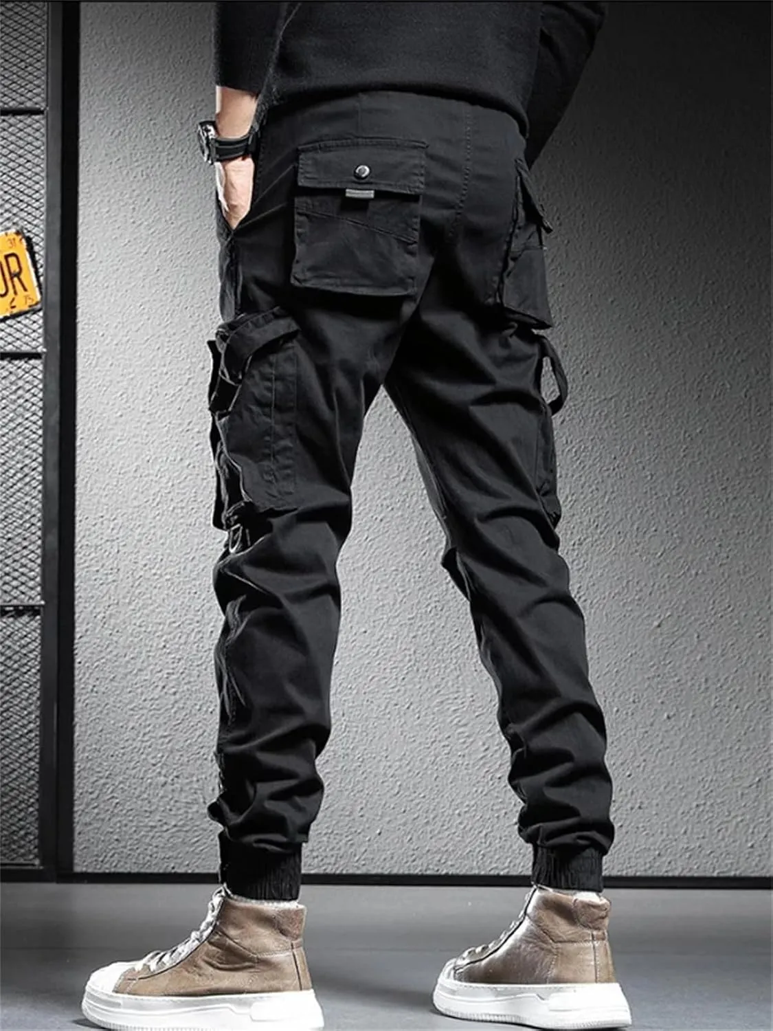 Hndudnff Men's Loose Multi-Pocket Cargo Pants Overalls Casual Straight Military Tactical Joggers Trousers