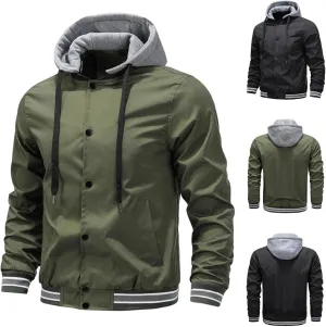 Hooded Sports Jacket Men Slim Button Down Contrast Color Patchwork Baseball Jacket Fall Casual Sport Sweatshirts with Pocket
