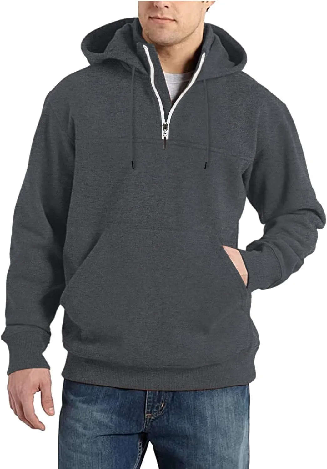 Hoodie Mens 1/4 Zip Sweatshirts Casual Long Sleeve Classic Drawstring Pullover Tops Loose Sports Jacket with Pocket