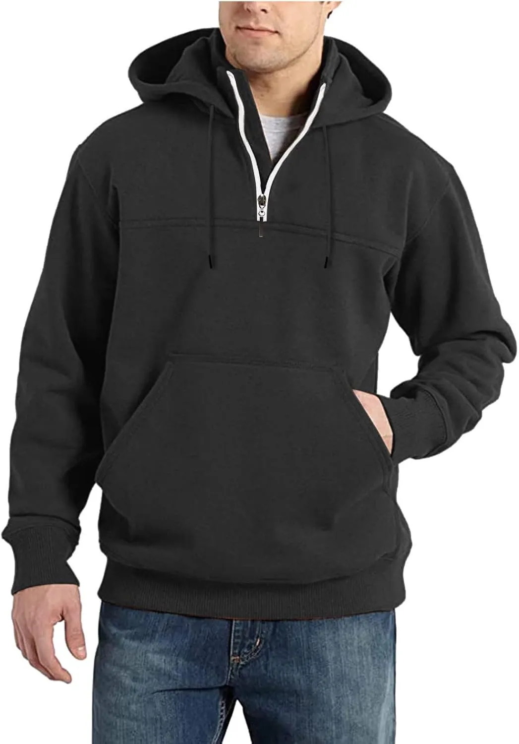 Hoodie Mens 1/4 Zip Sweatshirts Casual Long Sleeve Classic Drawstring Pullover Tops Loose Sports Jacket with Pocket