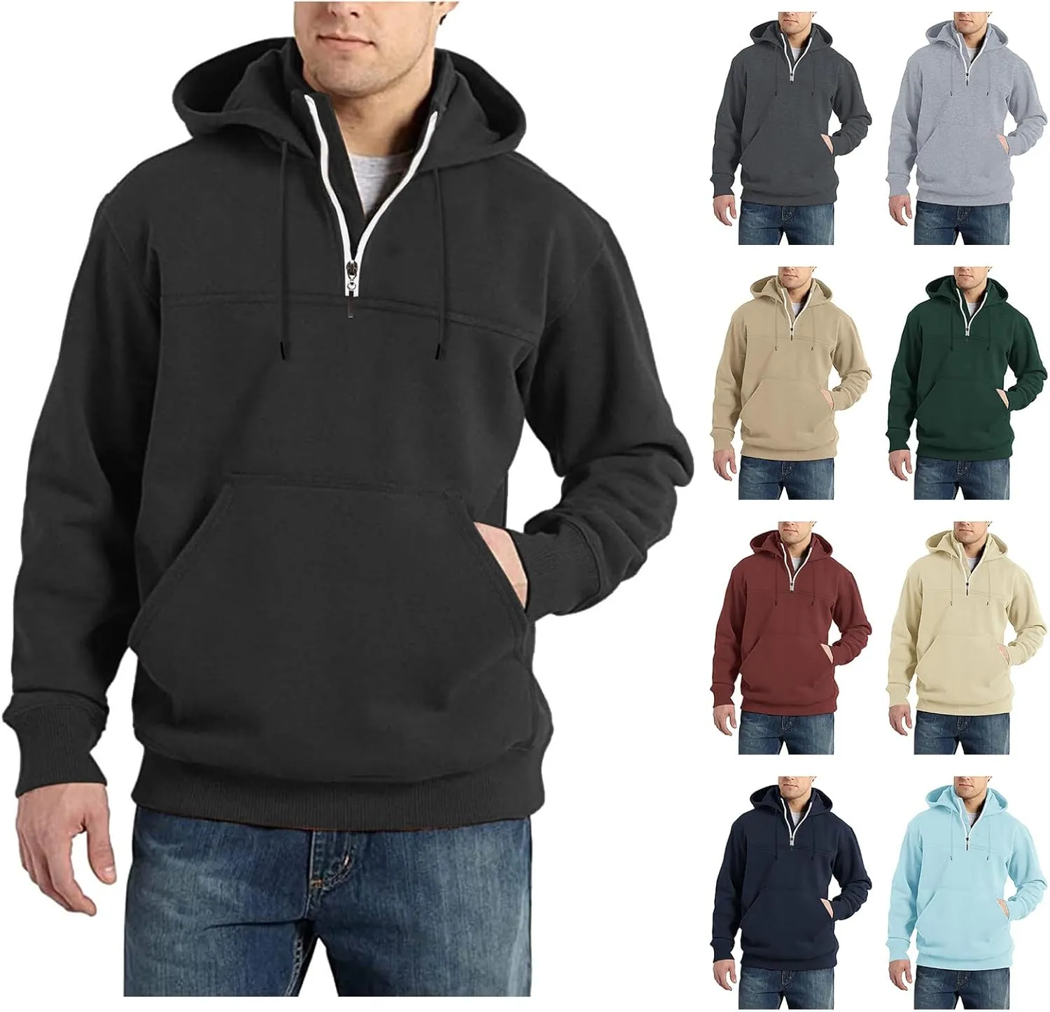 Hoodie Mens 1/4 Zip Sweatshirts Casual Long Sleeve Classic Drawstring Pullover Tops Loose Sports Jacket with Pocket