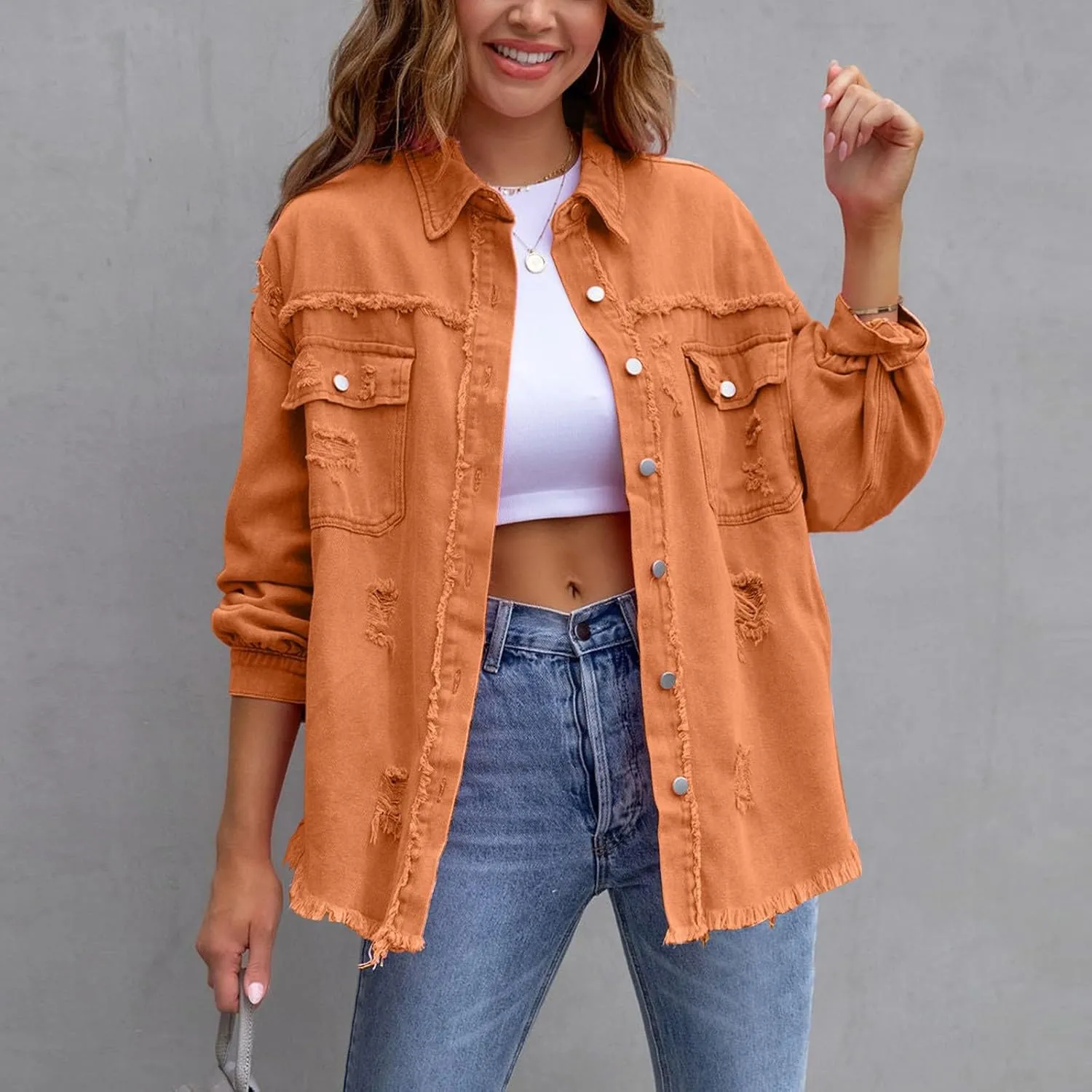 Jean Jacket Women,2024 Trendy Classic Lapel Button Down Up Frayed Hem Shacket Long Sleeve Distresse Trucker Coats