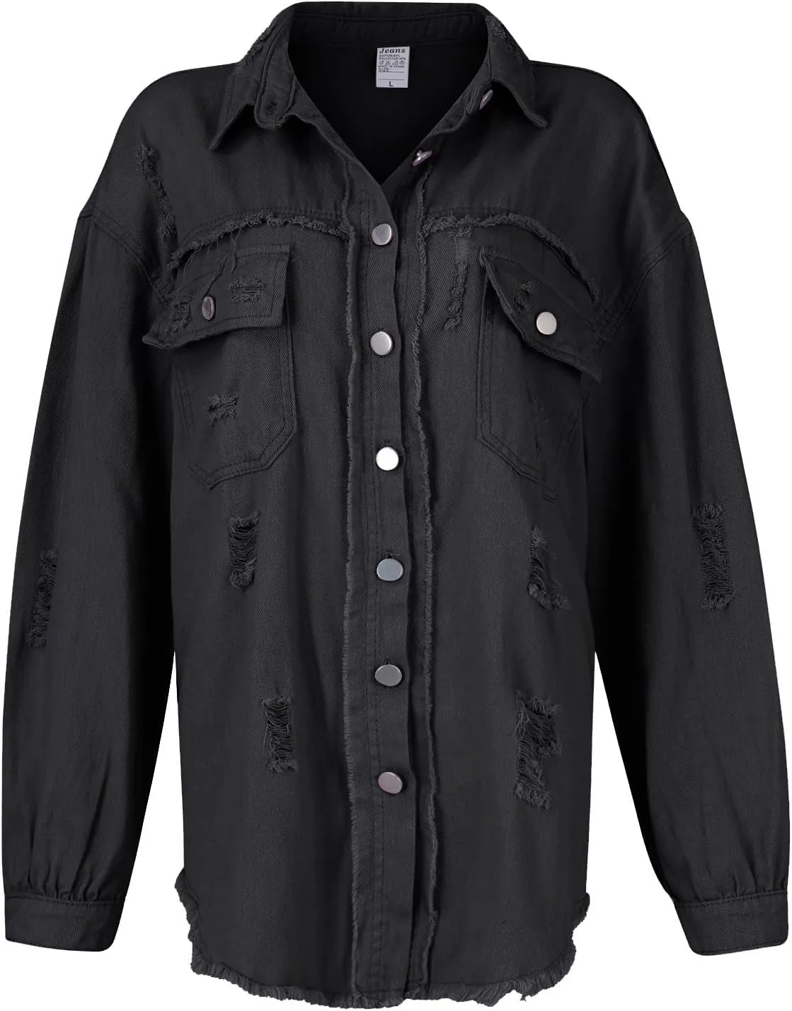 Jean Jacket Women,2024 Trendy Classic Lapel Button Down Up Frayed Hem Shacket Long Sleeve Distresse Trucker Coats