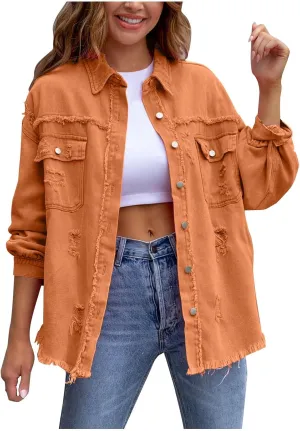 Jean Jacket Women,2024 Trendy Classic Lapel Button Down Up Frayed Hem Shacket Long Sleeve Distresse Trucker Coats