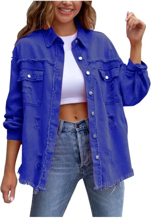 Jean Jacket Women,2024 Trendy Classic Lapel Button Down Up Frayed Hem Shacket Long Sleeve Distresse Trucker Coats