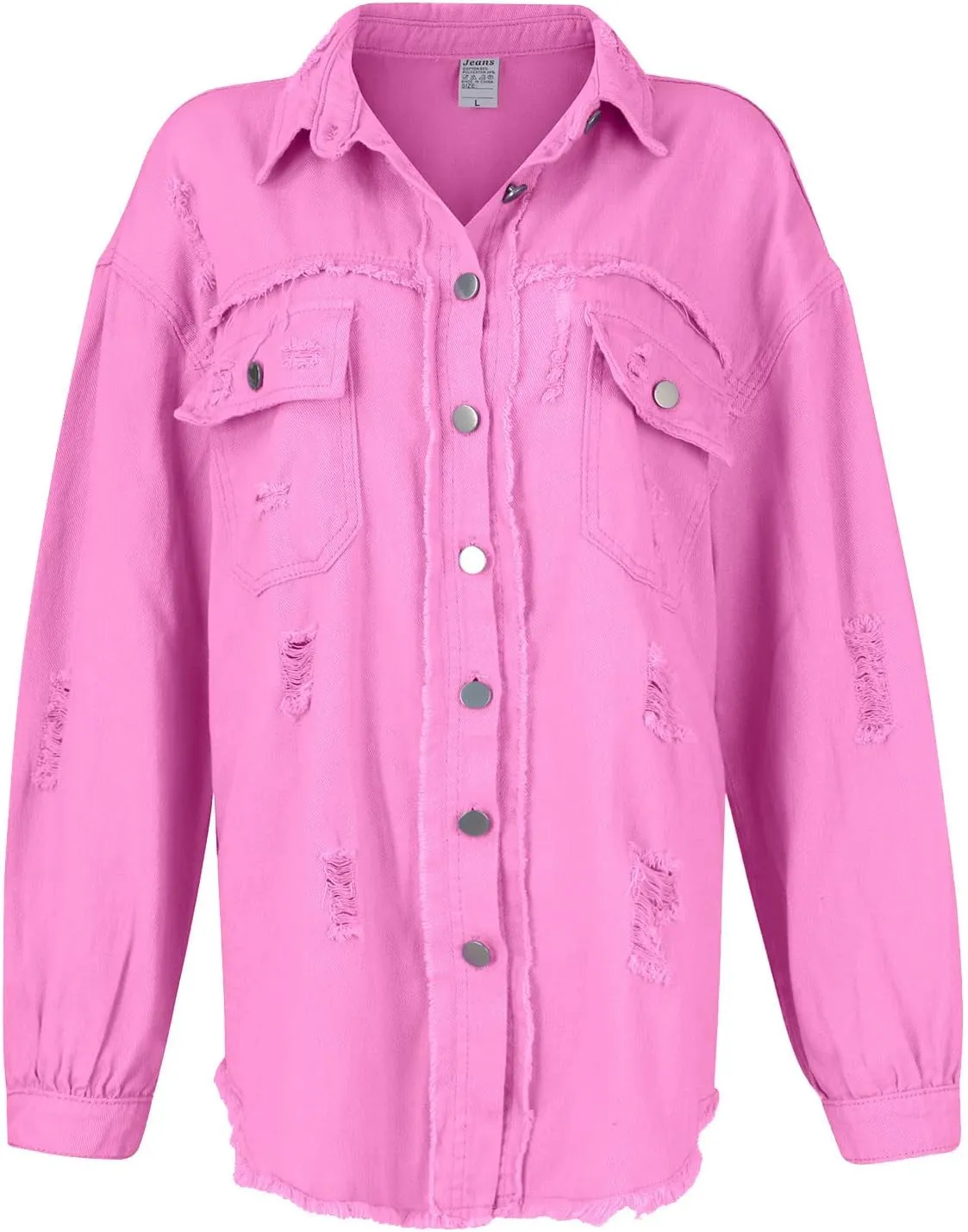 Jean Jacket Women,2024 Trendy Classic Lapel Button Down Up Frayed Hem Shacket Long Sleeve Distresse Trucker Coats