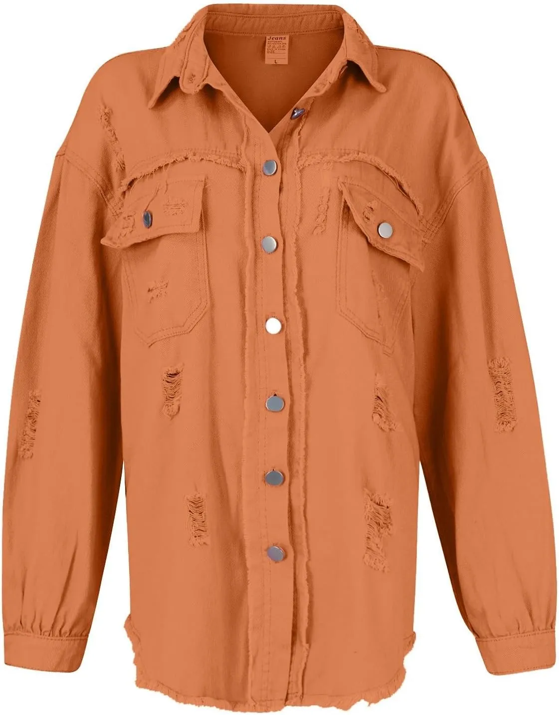 Jean Jacket Women,2024 Trendy Classic Lapel Button Down Up Frayed Hem Shacket Long Sleeve Distresse Trucker Coats