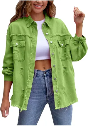 Jean Jacket Women,2024 Trendy Classic Lapel Button Down Up Frayed Hem Shacket Long Sleeve Distresse Trucker Coats
