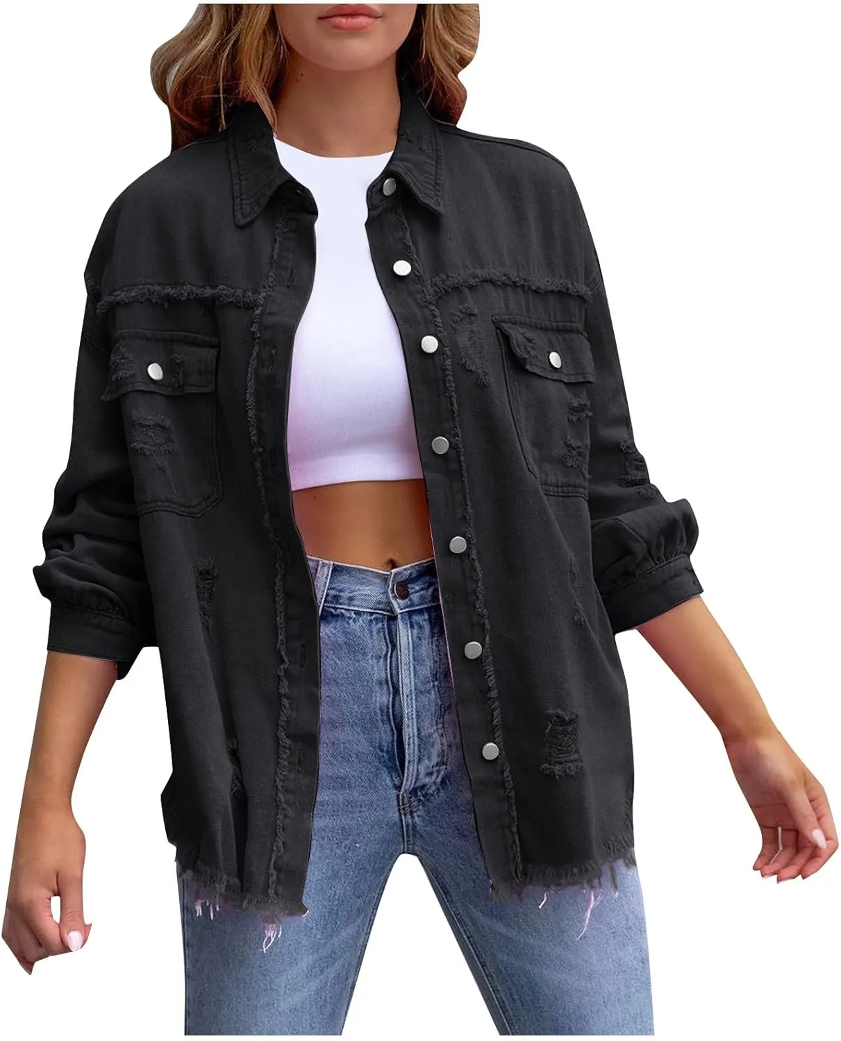 Jean Jacket Women,2024 Trendy Classic Lapel Button Down Up Frayed Hem Shacket Long Sleeve Distresse Trucker Coats