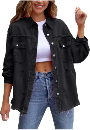 Jean Jacket Women,2024 Trendy Classic Lapel Button Down Up Frayed Hem Shacket Long Sleeve Distresse Trucker Coats