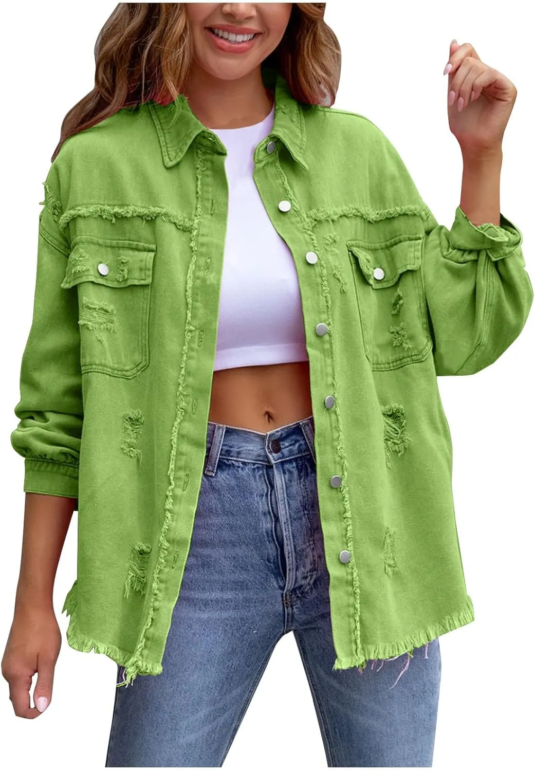 Jean Jacket Women,2024 Trendy Classic Lapel Button Down Up Frayed Hem Shacket Long Sleeve Distresse Trucker Coats