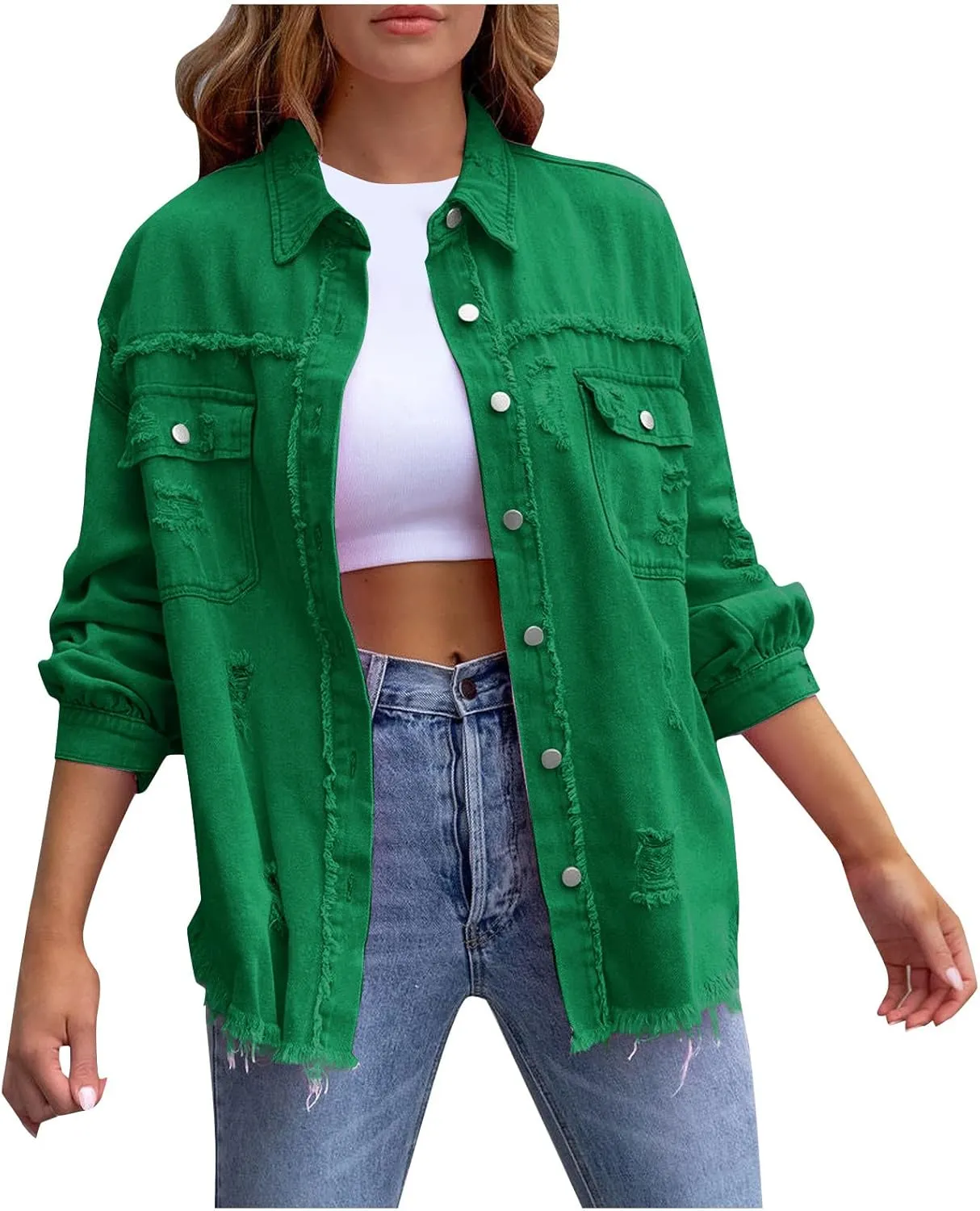 Jean Jacket Women,2024 Trendy Classic Lapel Button Down Up Frayed Hem Shacket Long Sleeve Distresse Trucker Coats