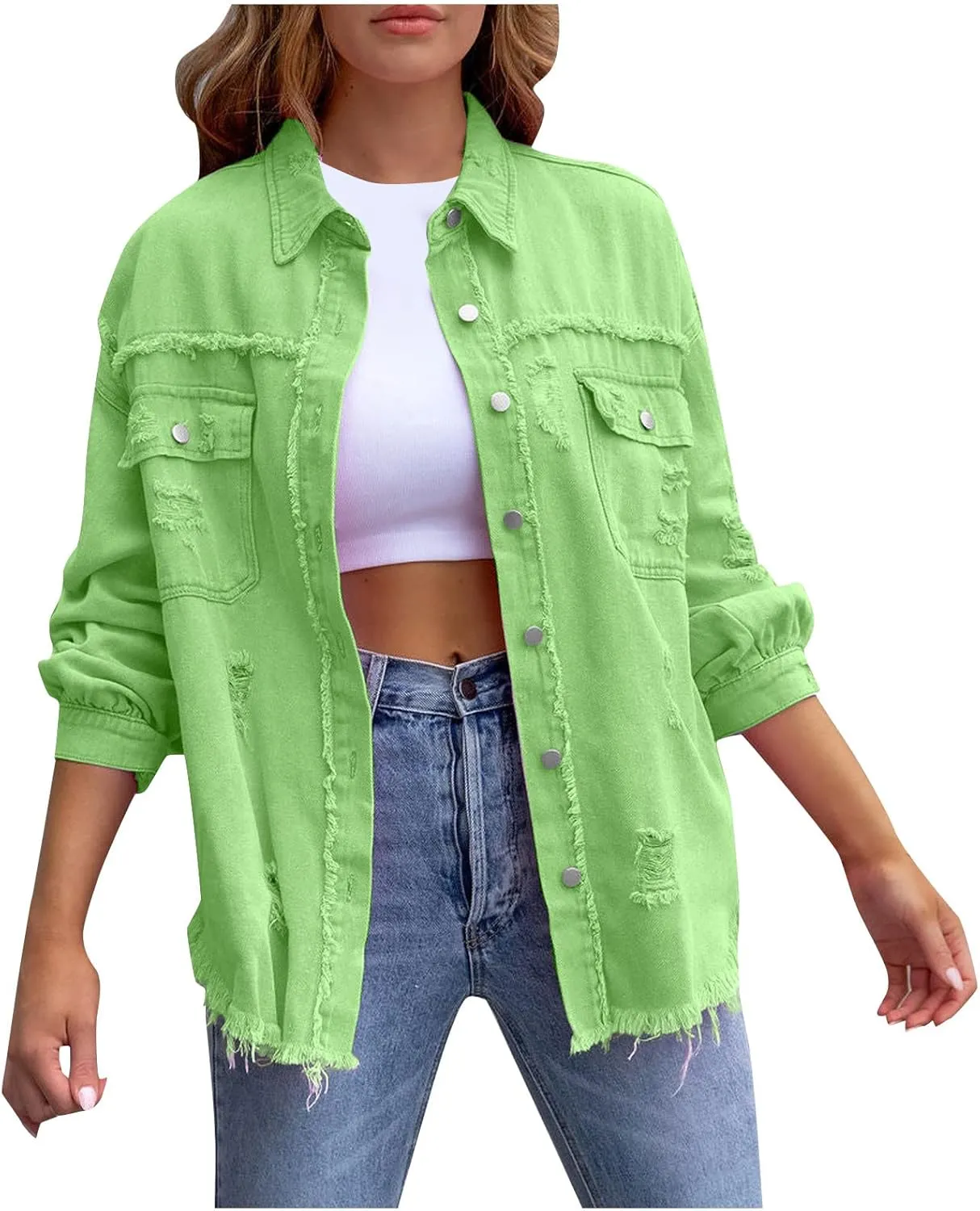 Jean Jacket Women,2024 Trendy Classic Lapel Button Down Up Frayed Hem Shacket Long Sleeve Distresse Trucker Coats