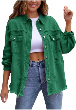 Jean Jacket Women,2024 Trendy Classic Lapel Button Down Up Frayed Hem Shacket Long Sleeve Distresse Trucker Coats