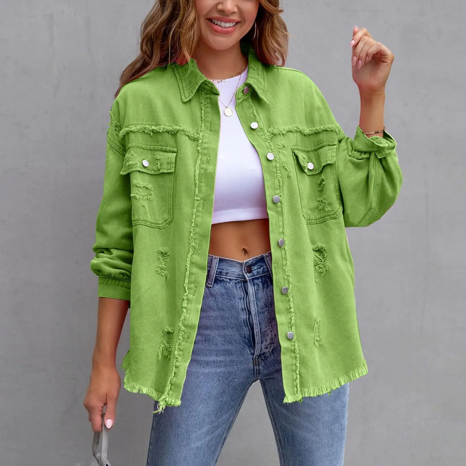 Jean Jacket Women,2024 Trendy Classic Lapel Button Down Up Frayed Hem Shacket Long Sleeve Distresse Trucker Coats