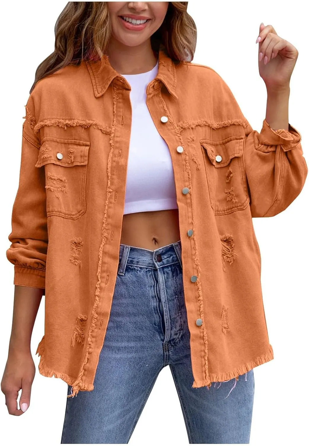 Jean Jacket Women,2024 Trendy Classic Lapel Button Down Up Frayed Hem Shacket Long Sleeve Distresse Trucker Coats