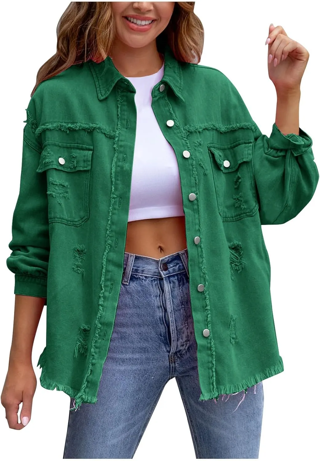 Jean Jacket Women,2024 Trendy Classic Lapel Button Down Up Frayed Hem Shacket Long Sleeve Distresse Trucker Coats