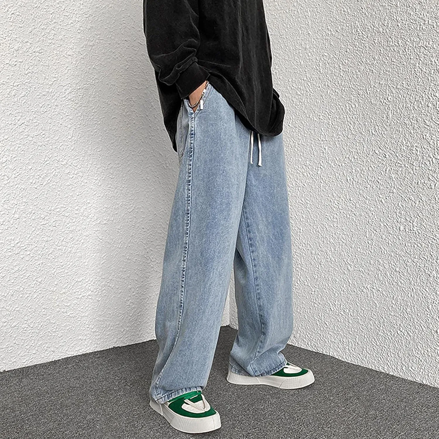 Jeans for Men Relaxed Fit Trousers Pure Colour Jean with Zipper Pocket Jean Trouser Solid Fashion Loose Wide Men's
