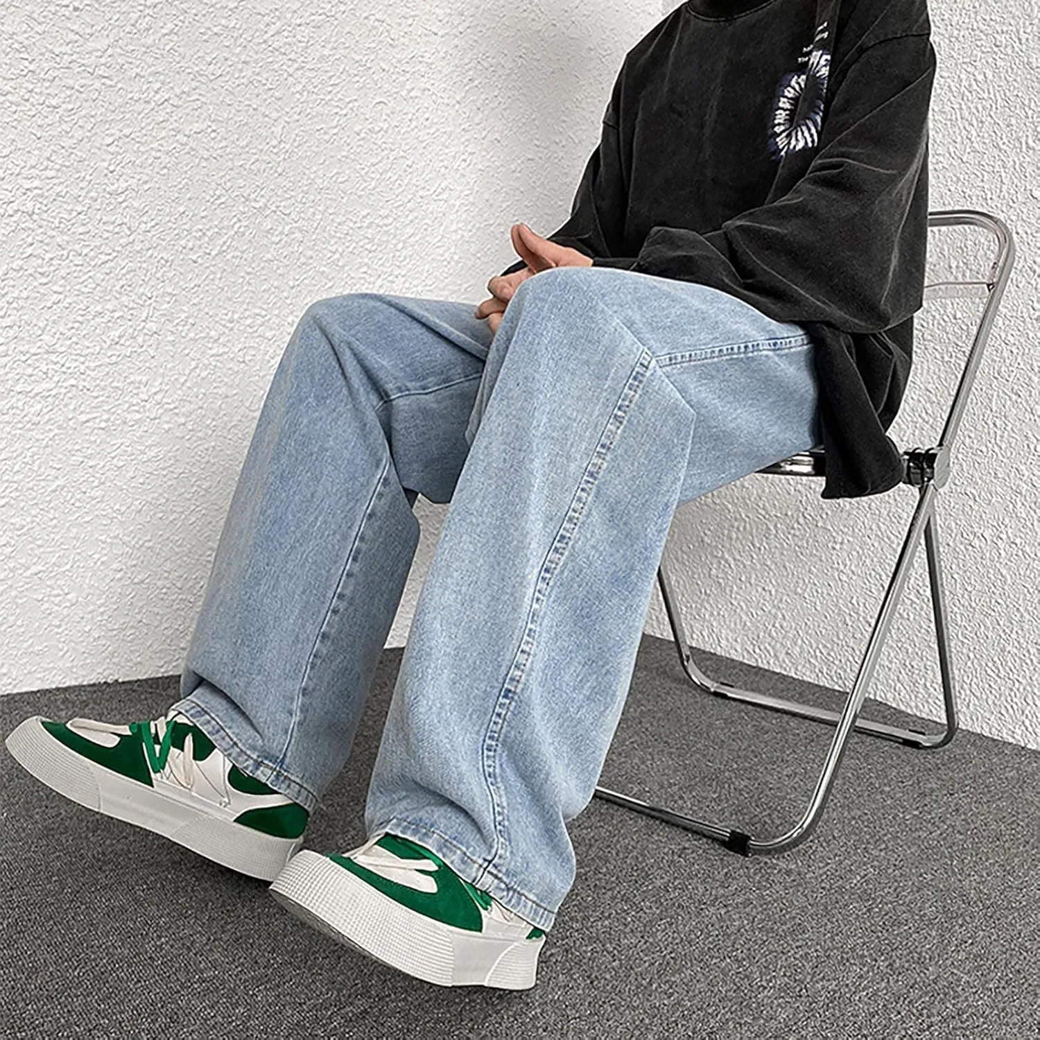 Jeans for Men Relaxed Fit Trousers Pure Colour Jean with Zipper Pocket Jean Trouser Solid Fashion Loose Wide Men's