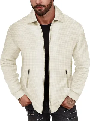 JEKE-DG Men's Casual Lapel Waffle Jacket Lightweight Slim Fit Solid Jackets Full Zip Long Sleeve Jacket Coat