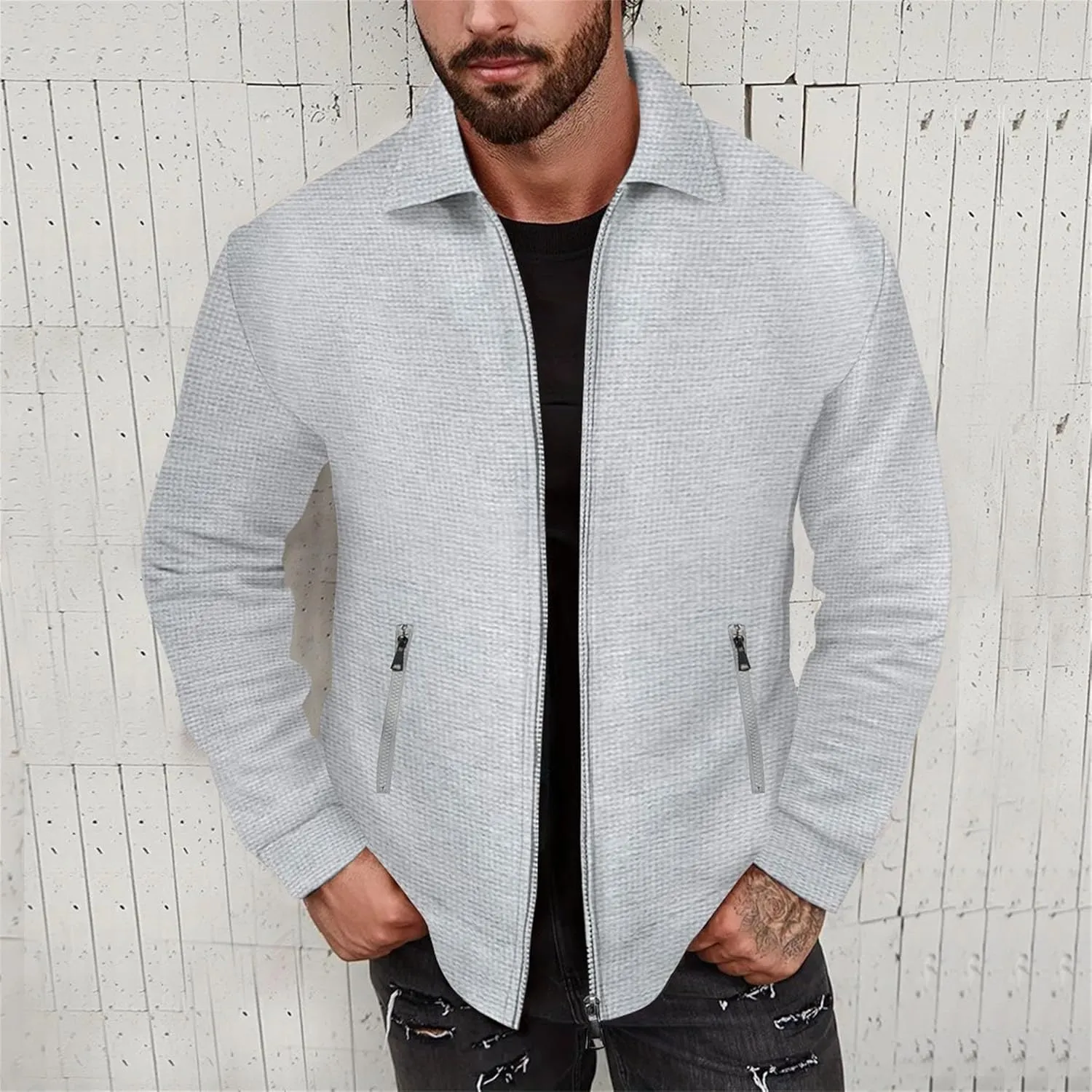 JEKE-DG Men's Casual Lapel Waffle Jacket Lightweight Slim Fit Solid Jackets Full Zip Long Sleeve Jacket Coat