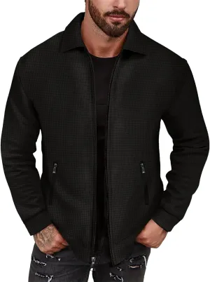JEKE-DG Men's Casual Lapel Waffle Jacket Lightweight Slim Fit Solid Jackets Full Zip Long Sleeve Jacket Coat
