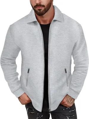 JEKE-DG Men's Casual Lapel Waffle Jacket Lightweight Slim Fit Solid Jackets Full Zip Long Sleeve Jacket Coat