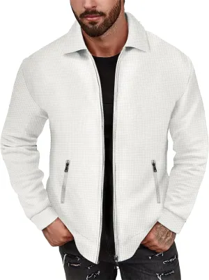 JEKE-DG Men's Casual Lapel Waffle Jacket Lightweight Slim Fit Solid Jackets Full Zip Long Sleeve Jacket Coat