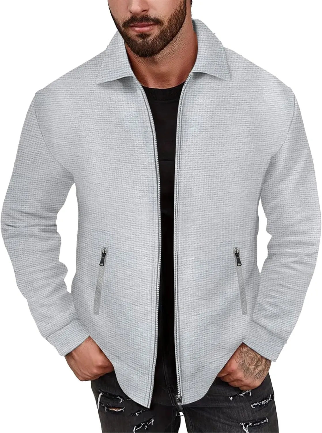 JEKE-DG Men's Casual Lapel Waffle Jacket Lightweight Slim Fit Solid Jackets Full Zip Long Sleeve Jacket Coat