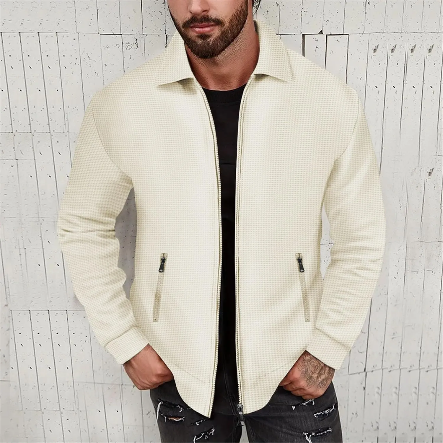 JEKE-DG Men's Casual Lapel Waffle Jacket Lightweight Slim Fit Solid Jackets Full Zip Long Sleeve Jacket Coat