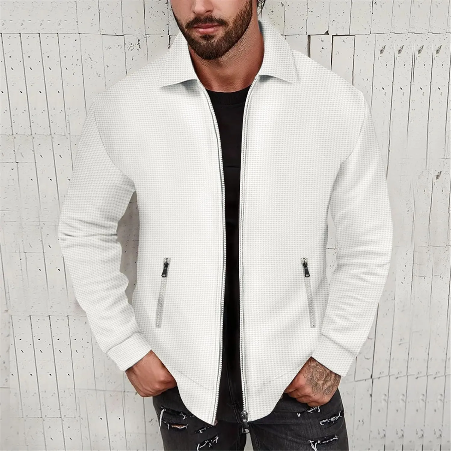 JEKE-DG Men's Casual Lapel Waffle Jacket Lightweight Slim Fit Solid Jackets Full Zip Long Sleeve Jacket Coat