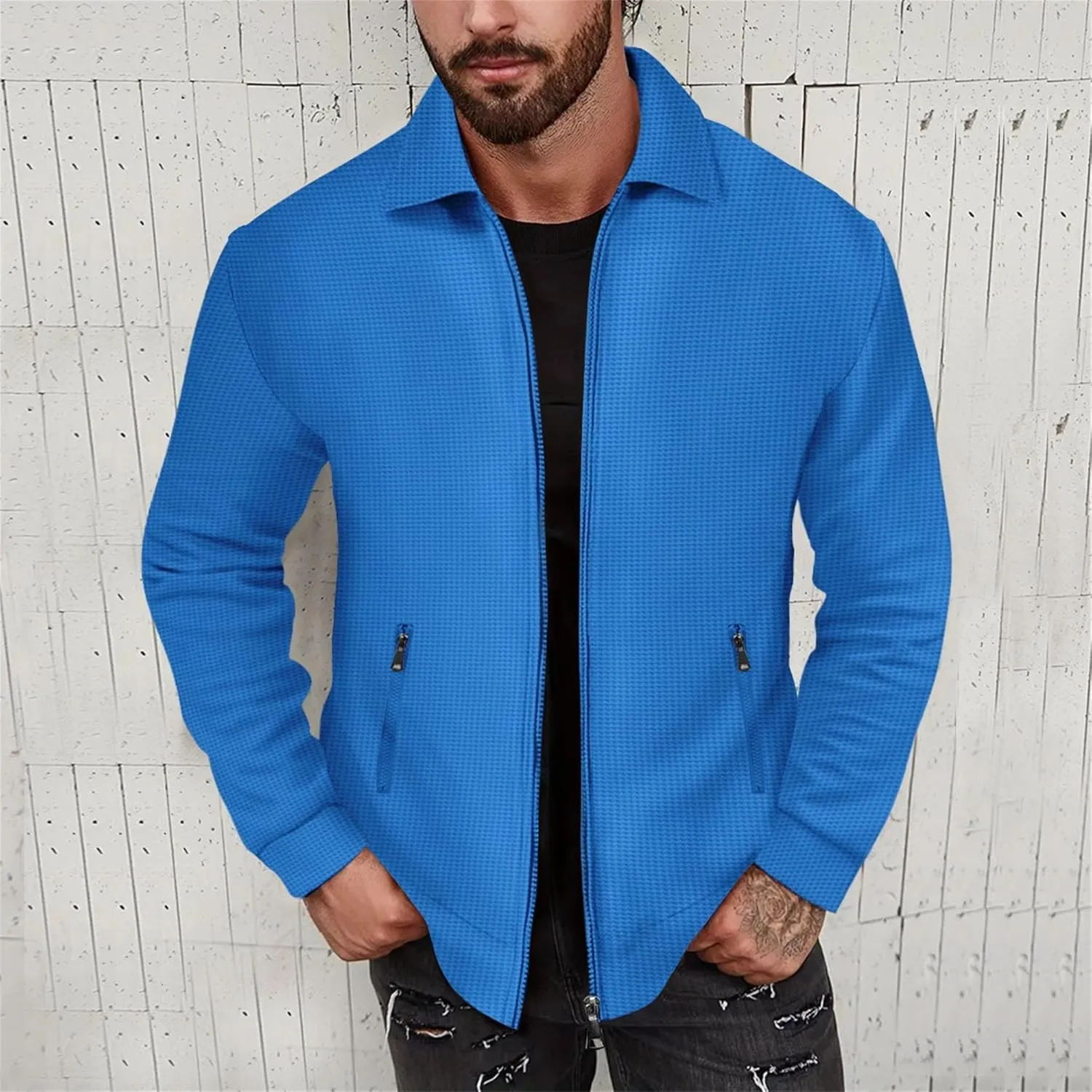 JEKE-DG Men's Casual Lapel Waffle Jacket Lightweight Slim Fit Solid Jackets Full Zip Long Sleeve Jacket Coat