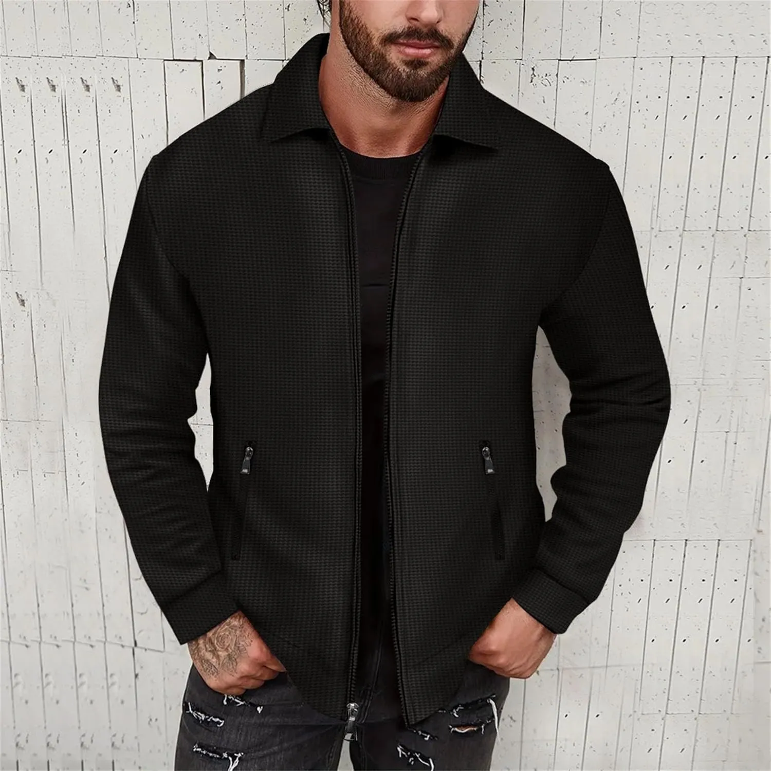 JEKE-DG Men's Casual Lapel Waffle Jacket Lightweight Slim Fit Solid Jackets Full Zip Long Sleeve Jacket Coat
