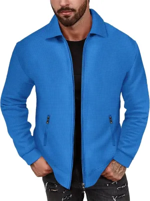 JEKE-DG Men's Casual Lapel Waffle Jacket Lightweight Slim Fit Solid Jackets Full Zip Long Sleeve Jacket Coat