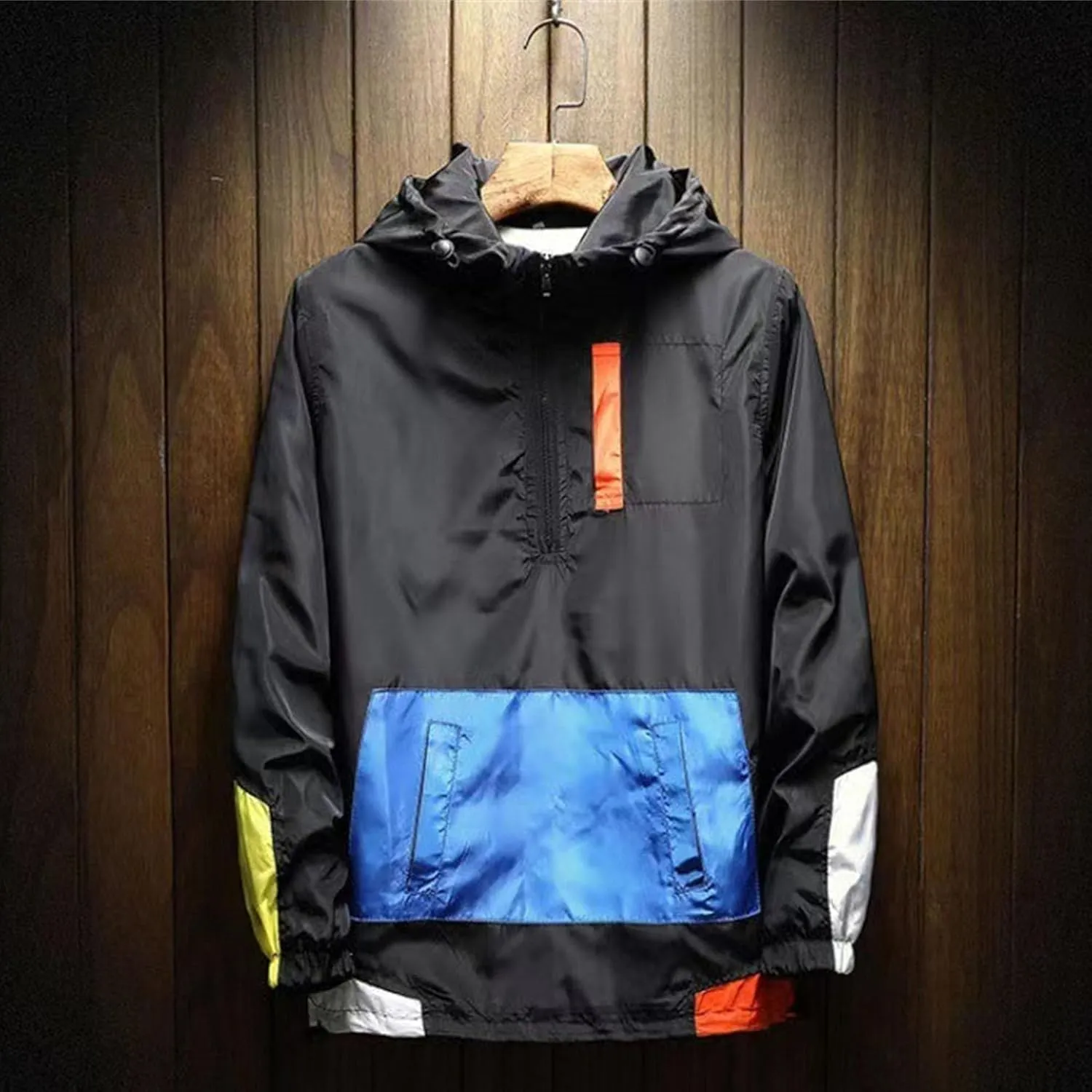 JEKE-DG Men's Color Blcok Loose Fit Jacket Casual Lightweight Hooded Overshirt Zipper Fashion Outdoor Jacket Coat