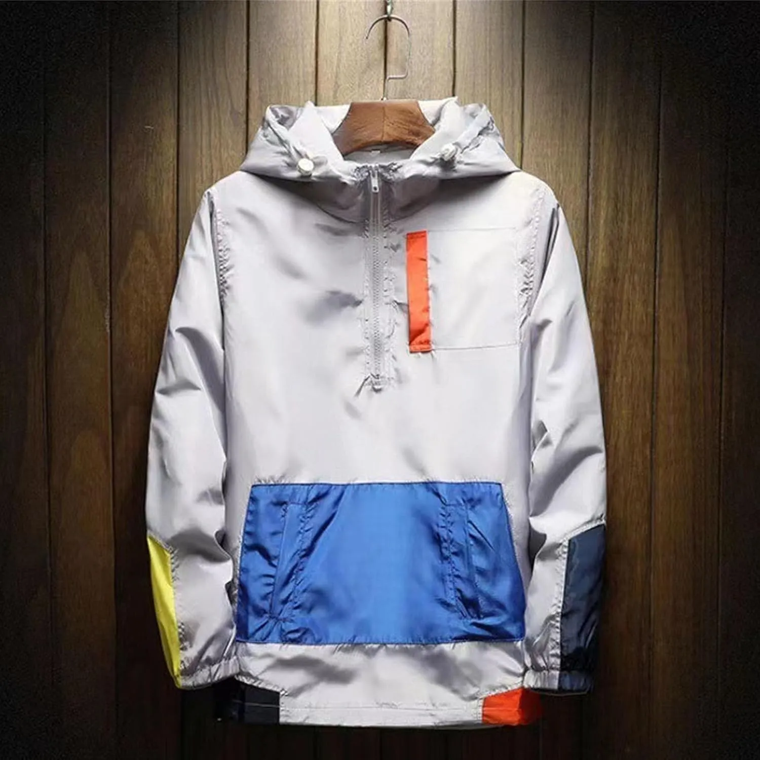 JEKE-DG Men's Color Blcok Loose Fit Jacket Casual Lightweight Hooded Overshirt Zipper Fashion Outdoor Jacket Coat