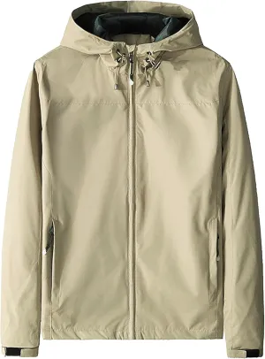 JEKE-DG Men's Full Zip Casual Windbreaker Jacket Hooded Long Sleeve Waterproof Jackets Solid Loose Fit Jacket Coat