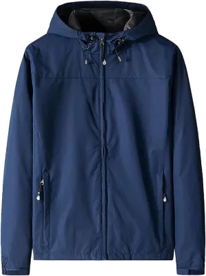 JEKE-DG Men's Full Zip Casual Windbreaker Jacket Hooded Long Sleeve Waterproof Jackets Solid Loose Fit Jacket Coat