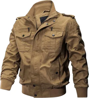 JEKE-DG Men's Relaxed Fit Cotton Outdoor Jacket Multi-Pocket Casual Cargo Jackets Stand Collar Lightweight Jacket Coat