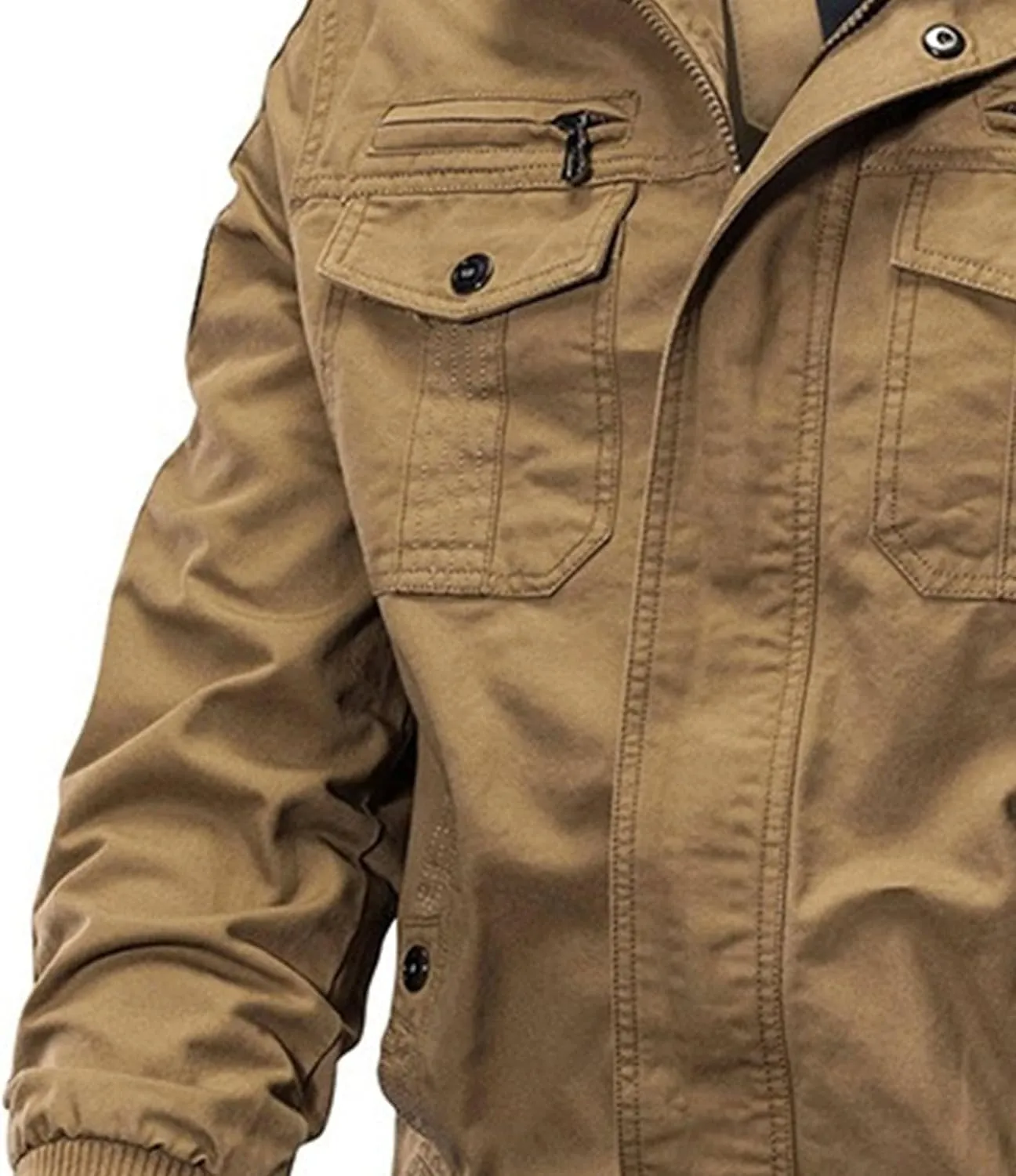 JEKE-DG Men's Relaxed Fit Cotton Outdoor Jacket Multi-Pocket Casual Cargo Jackets Stand Collar Lightweight Jacket Coat