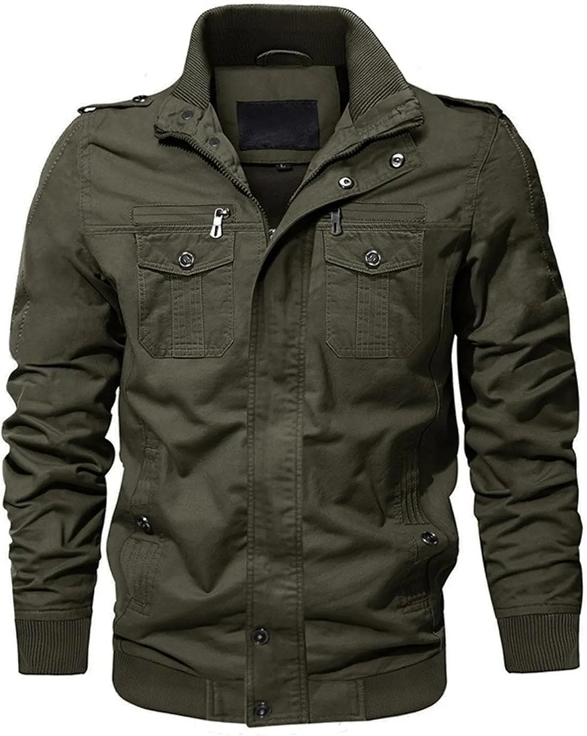 JEKE-DG Men's Relaxed Fit Cotton Outdoor Jacket Multi-Pocket Casual Cargo Jackets Stand Collar Lightweight Jacket Coat