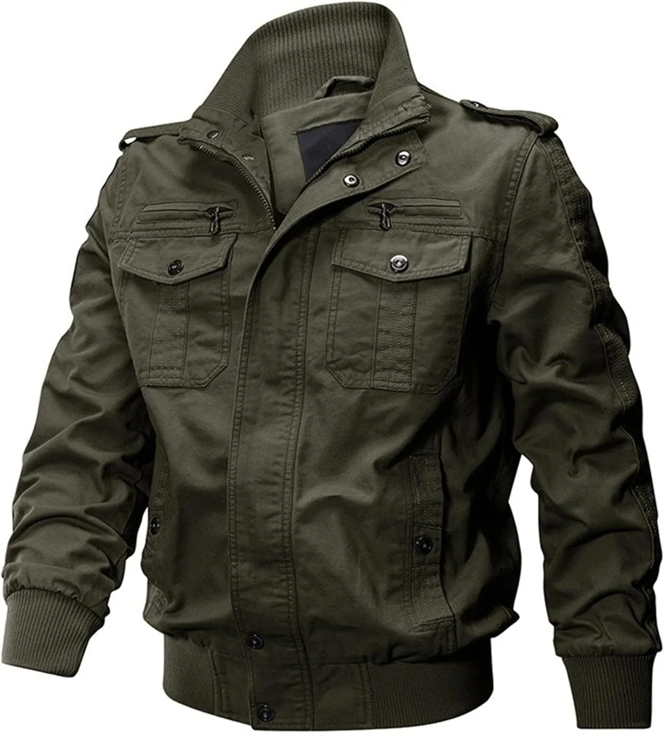 JEKE-DG Men's Relaxed Fit Cotton Outdoor Jacket Multi-Pocket Casual Cargo Jackets Stand Collar Lightweight Jacket Coat