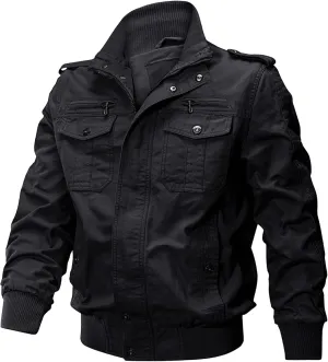 JEKE-DG Men's Relaxed Fit Cotton Outdoor Jacket Multi-Pocket Casual Cargo Jackets Stand Collar Lightweight Jacket Coat