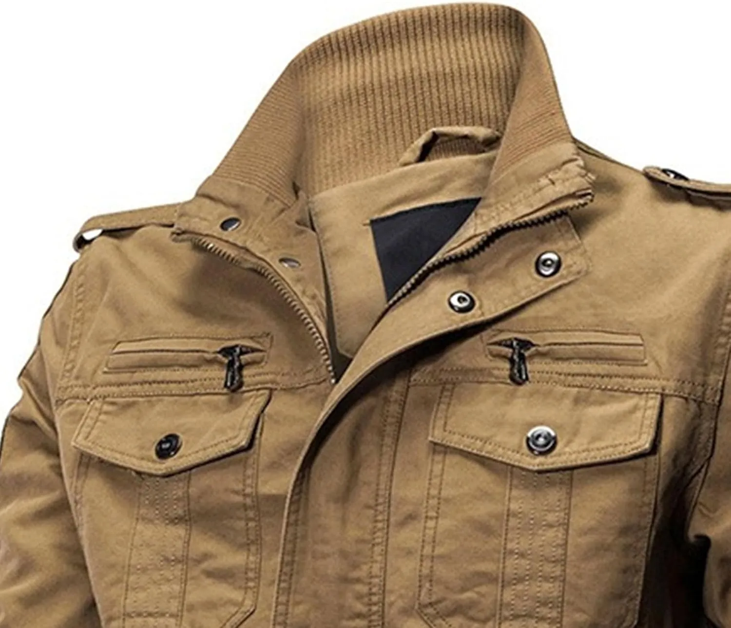 JEKE-DG Men's Relaxed Fit Cotton Outdoor Jacket Multi-Pocket Casual Cargo Jackets Stand Collar Lightweight Jacket Coat